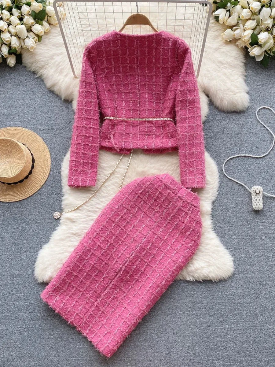 Madeleine style light luxury high-end suit for women winter woolen cardigan jacket + slit mid-length skirt