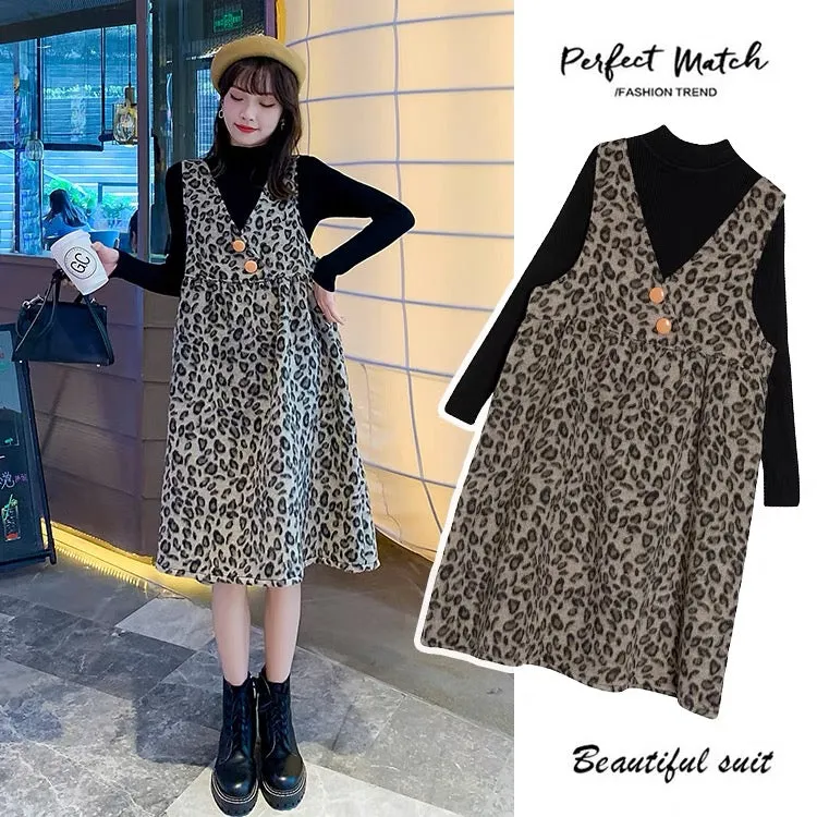 Maternity Autumn Suit Fashionable and High-Level Leopard Print Suspender Dress Small Maternity Sweater Two-piece Autumn and Wint