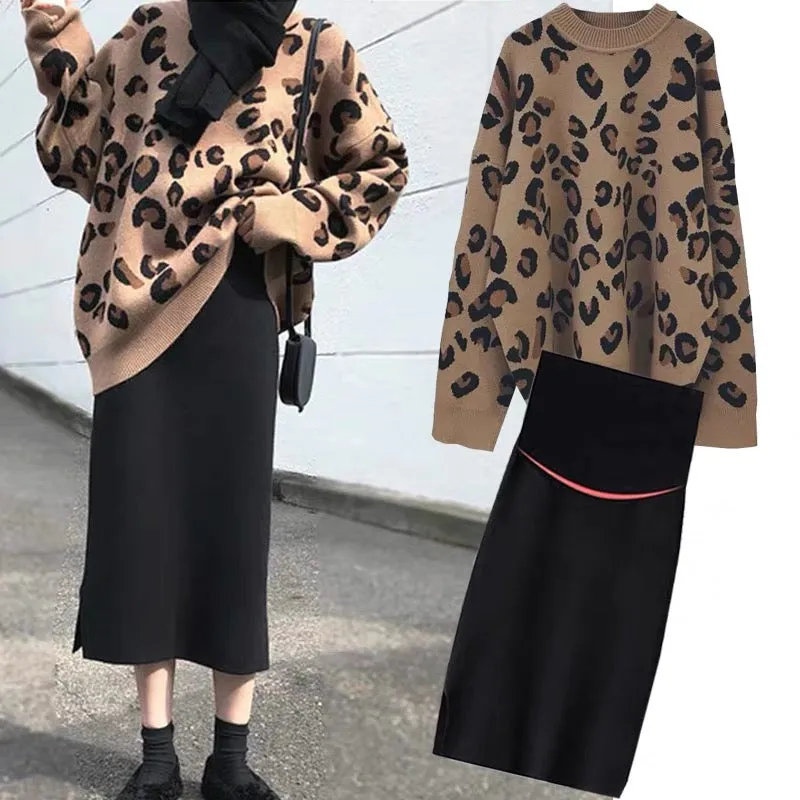 Maternity Autumn Suit Fashionable Outing Leopard Print Sweater Small and Temperamental Maternity Skirt Two-piece Set