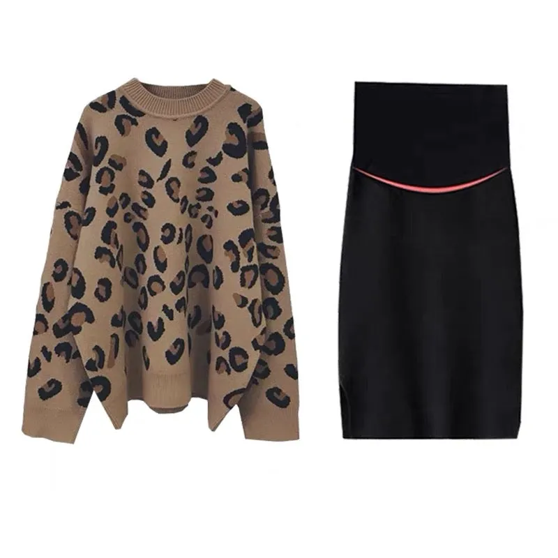 Maternity Autumn Suit Fashionable Outing Leopard Print Sweater Small and Temperamental Maternity Skirt Two-piece Set