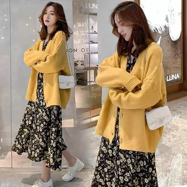 Maternity fashion suit, fashionable sweater jacket, winter outer wear, floral dress, long skirt, spring and autumn two-piece set