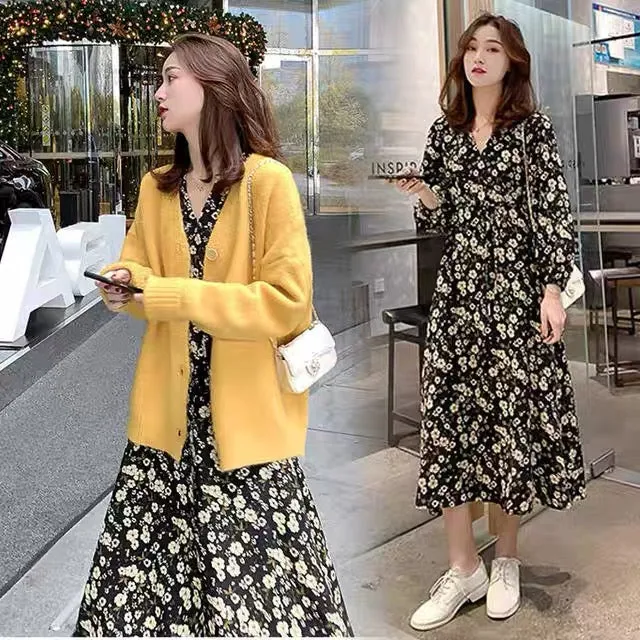 Maternity fashion suit, fashionable sweater jacket, winter outer wear, floral dress, long skirt, spring and autumn two-piece set