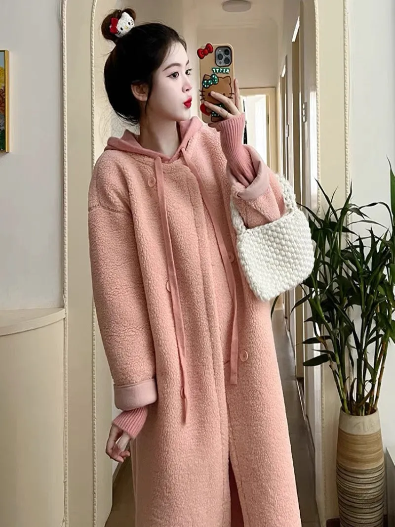 Maternity Winter Suit 2023 New Hooded Sweater Skirt Thickened Lamb Wool Jacket Dopamine Outfit Two-piece Set (D7773)