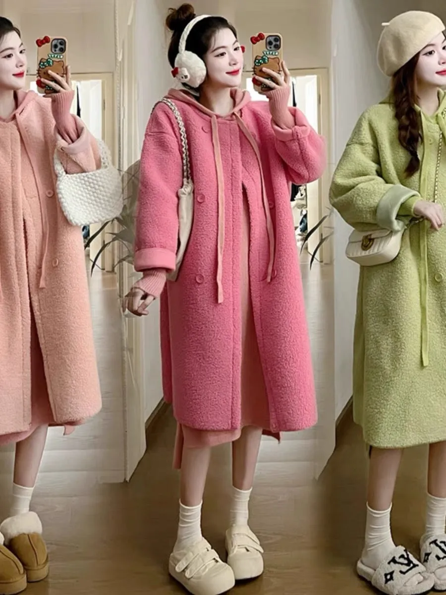 Maternity Winter Suit 2023 New Hooded Sweater Skirt Thickened Lamb Wool Jacket Dopamine Outfit Two-piece Set (D7773)