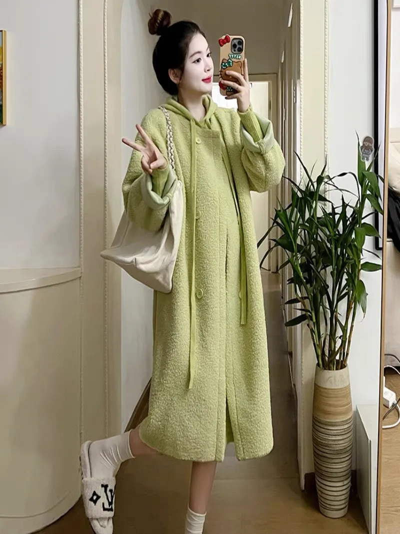 Maternity Winter Suit 2023 New Hooded Sweater Skirt Thickened Lamb Wool Jacket Dopamine Outfit Two-piece Set (D7773)