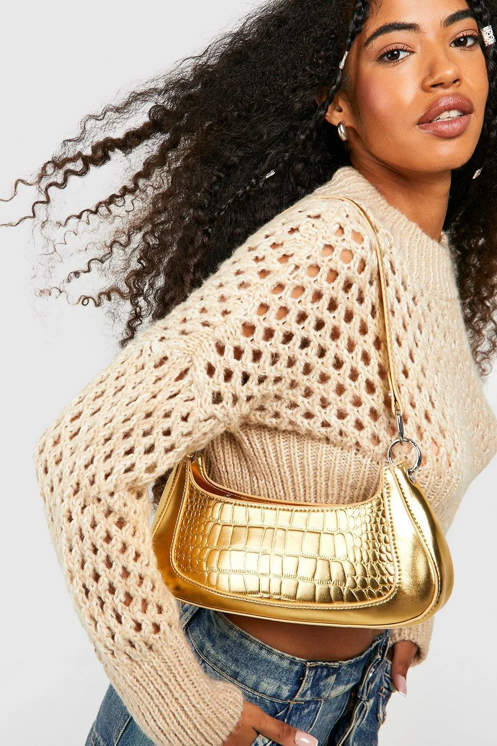 Metallic Croc Shoulder Bag