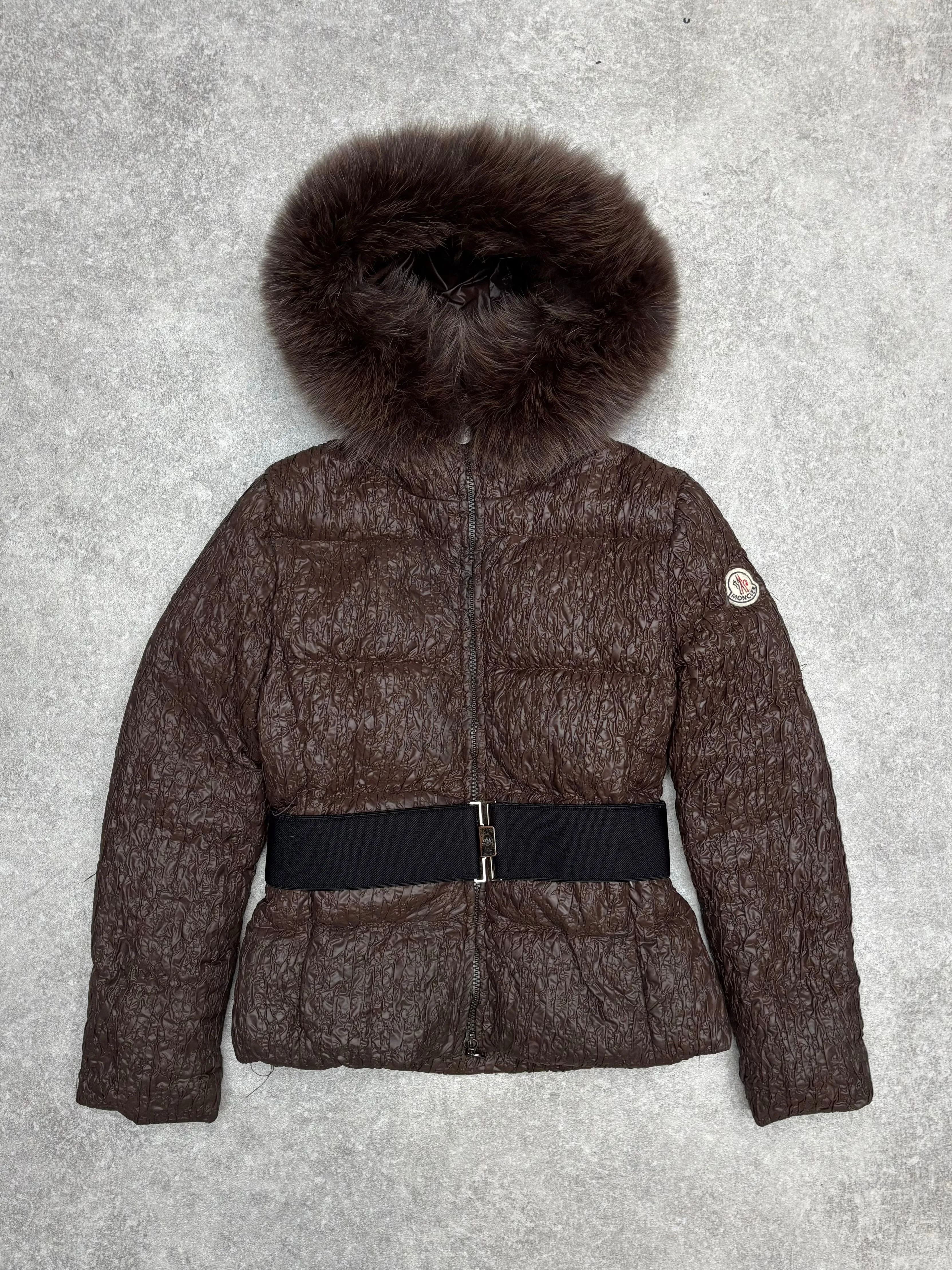 Moncler Fox Fur Trimmed Ruched Feather Down Jacket