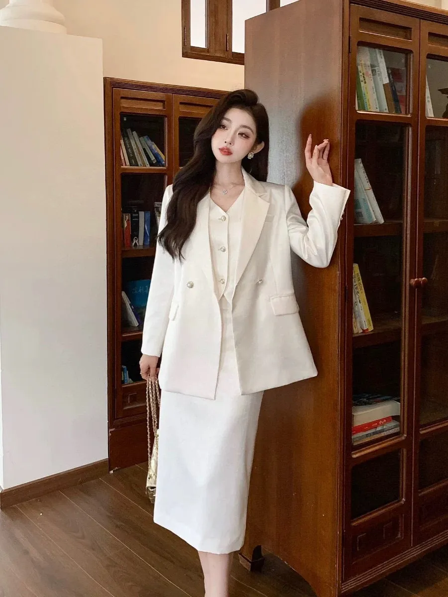 Nanyou designer's niche design vest, jacket, mid-skirt three-piece suit for professional ladies, sophisticated and dignified sui