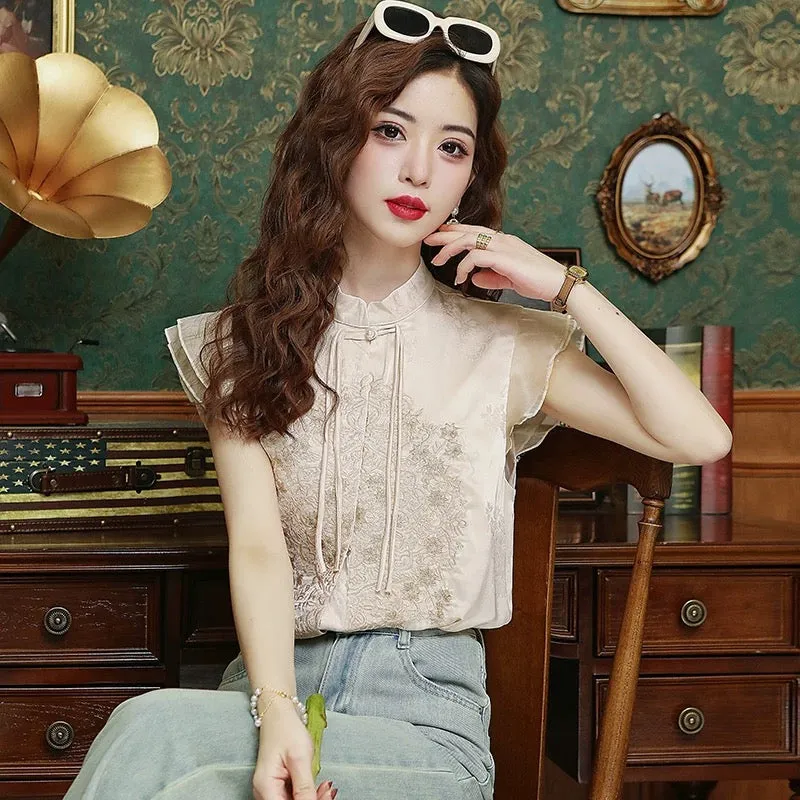 New Chinese style national style jacquard vest shirt for women summer 2024 new style temperament stand collar embroidered small 