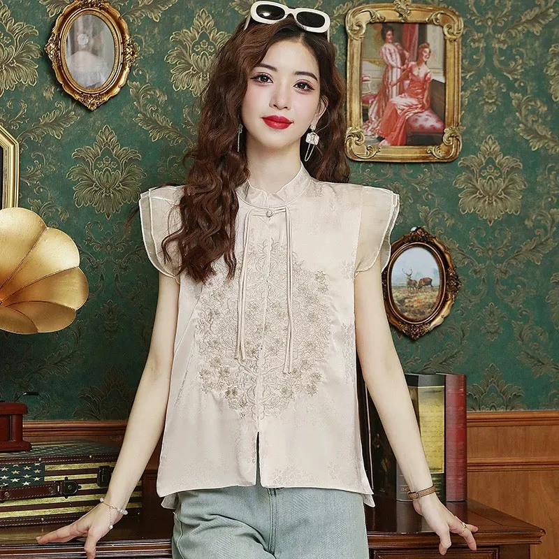 New Chinese style national style jacquard vest shirt for women summer 2024 new style temperament stand collar embroidered small 