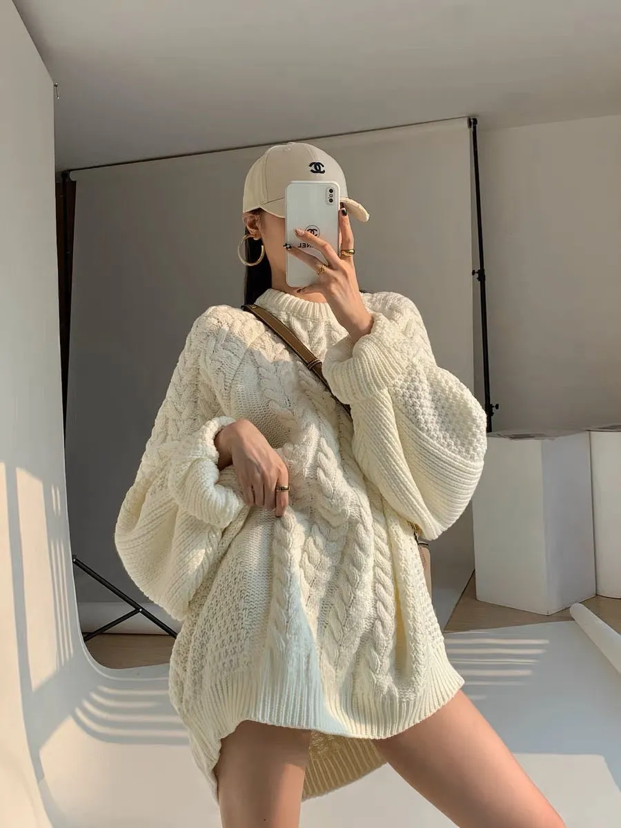 PAPERLLL Xinjian autumn and winter black lazy style thickened knitted twist sweater women's mid-length loose pullover top (D7119