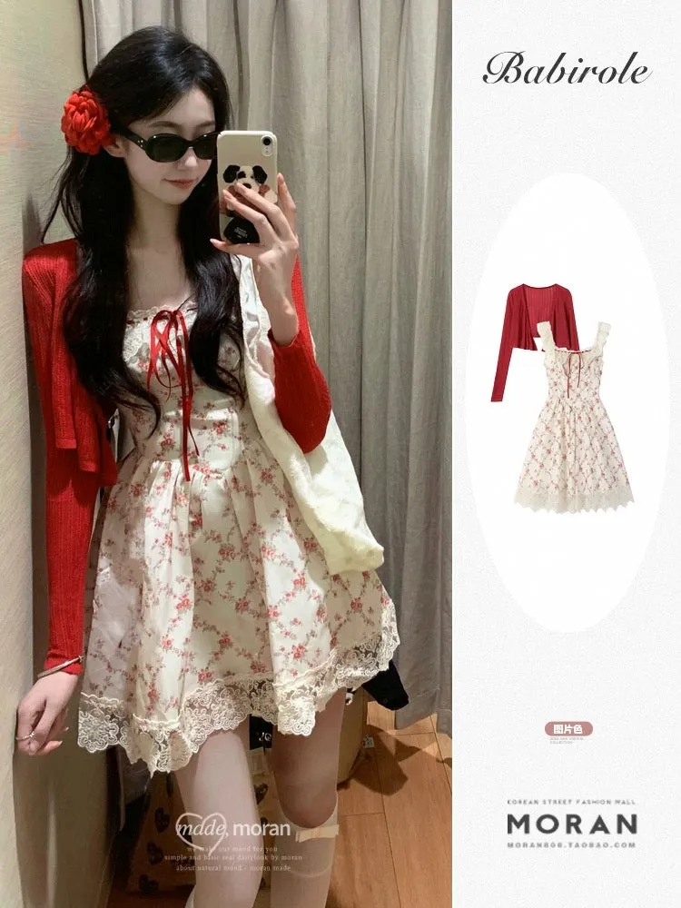 Pastoral style tea break floral French dress summer lace princess suspender skirt knitted cardigan two-piece suit sweet