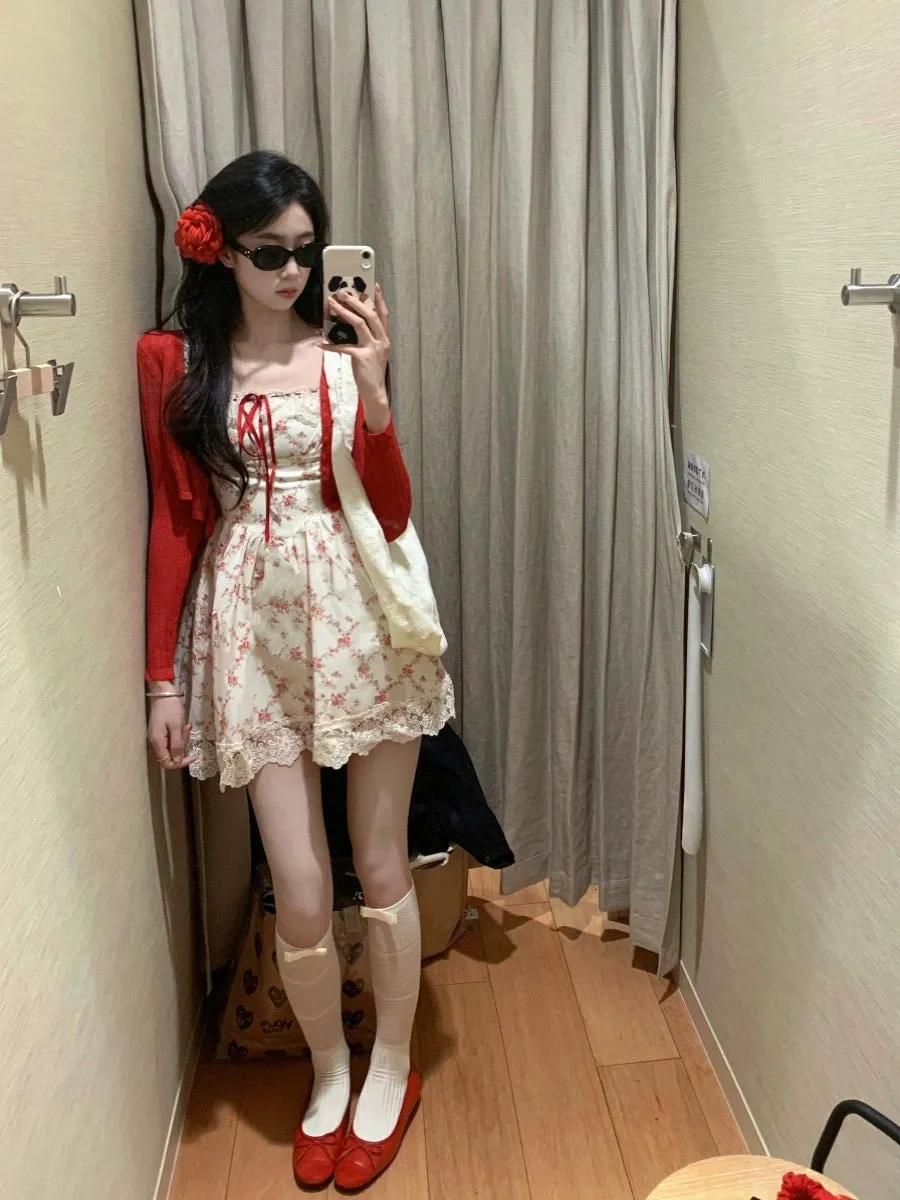 Pastoral style tea break floral French dress summer lace princess suspender skirt knitted cardigan two-piece suit sweet