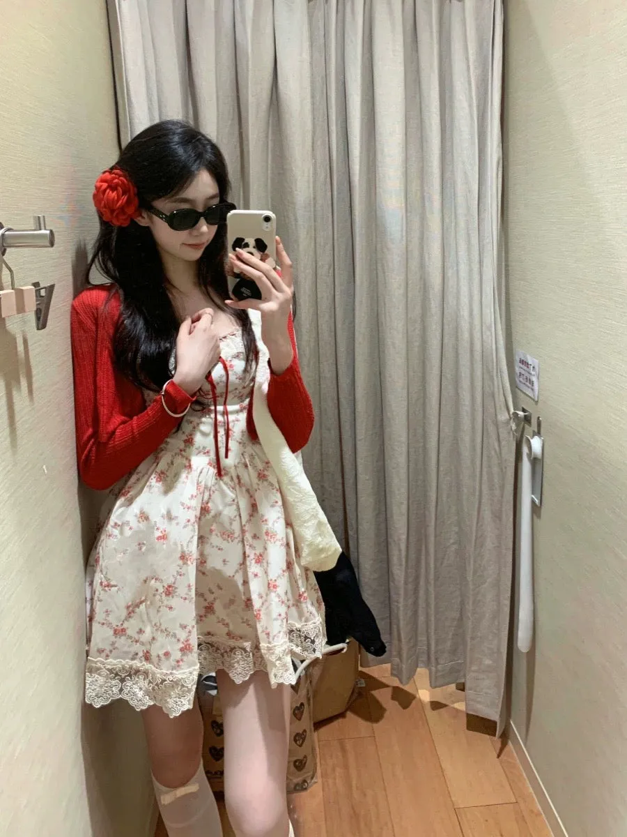 Pastoral style tea break floral French dress summer lace princess suspender skirt knitted cardigan two-piece suit sweet