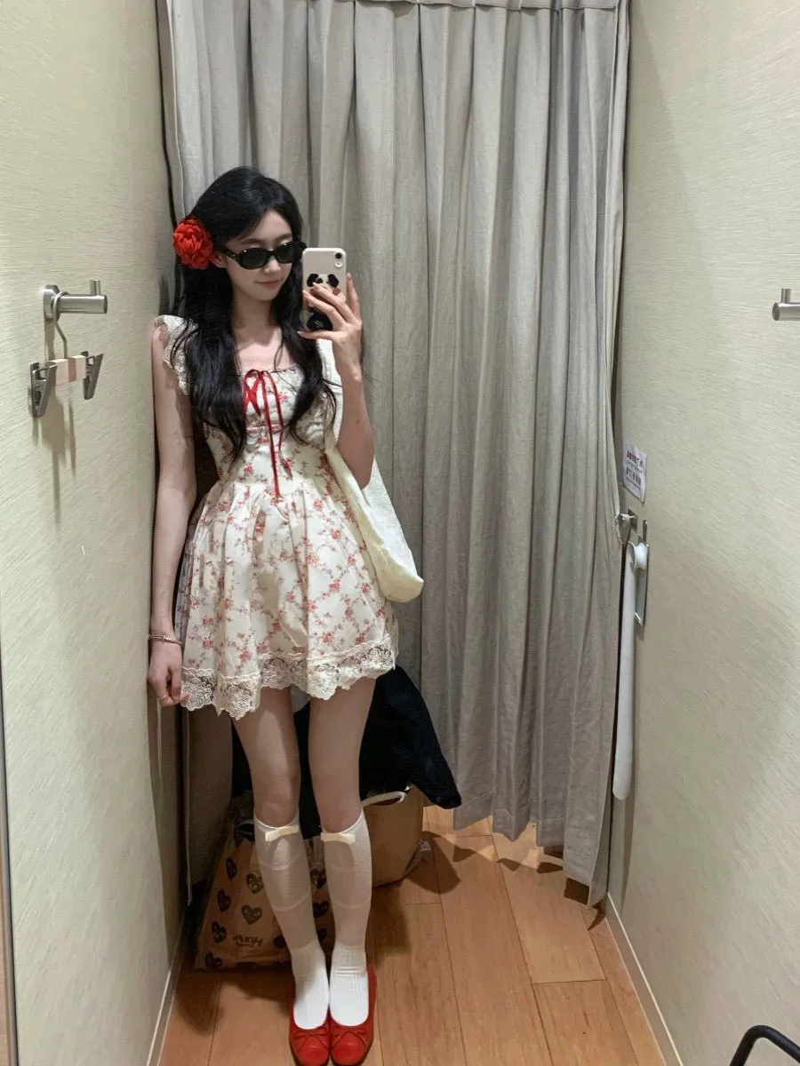 Pastoral style tea break floral French dress summer lace princess suspender skirt knitted cardigan two-piece suit sweet