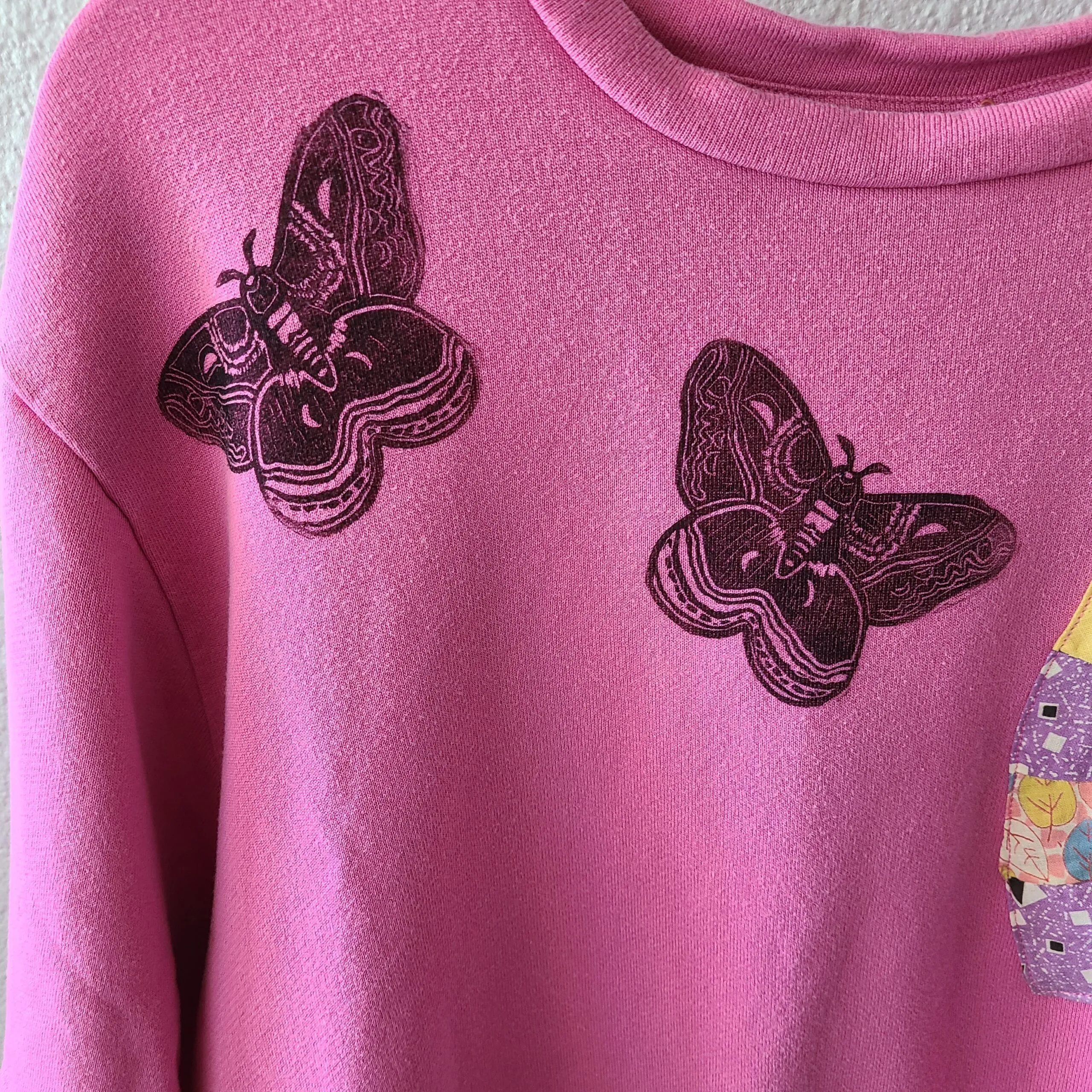 Pink Cropped Short Sleeve Sweatshirt with Vintage Quilt Piece and Moth Print