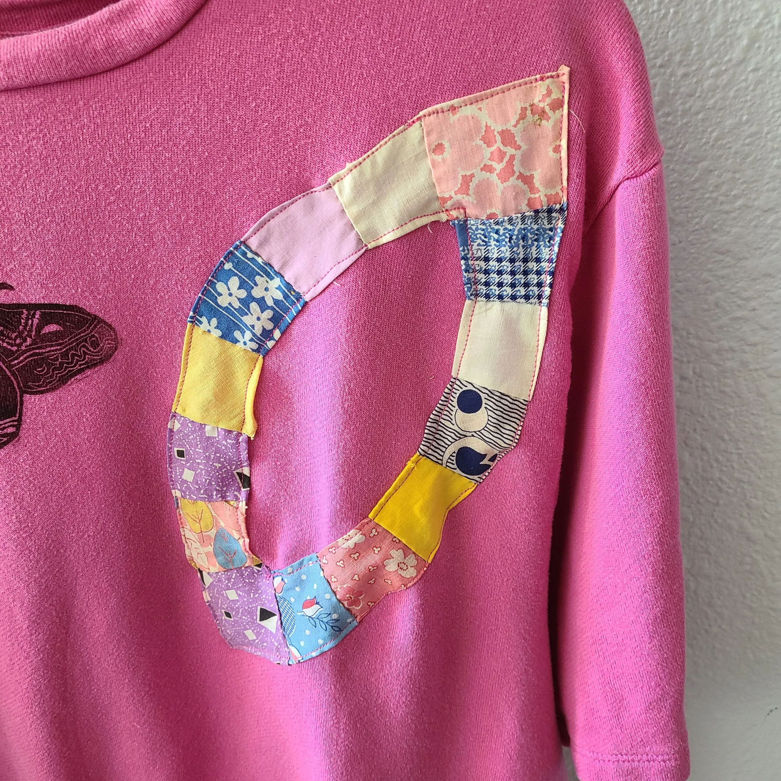 Pink Cropped Short Sleeve Sweatshirt with Vintage Quilt Piece and Moth Print