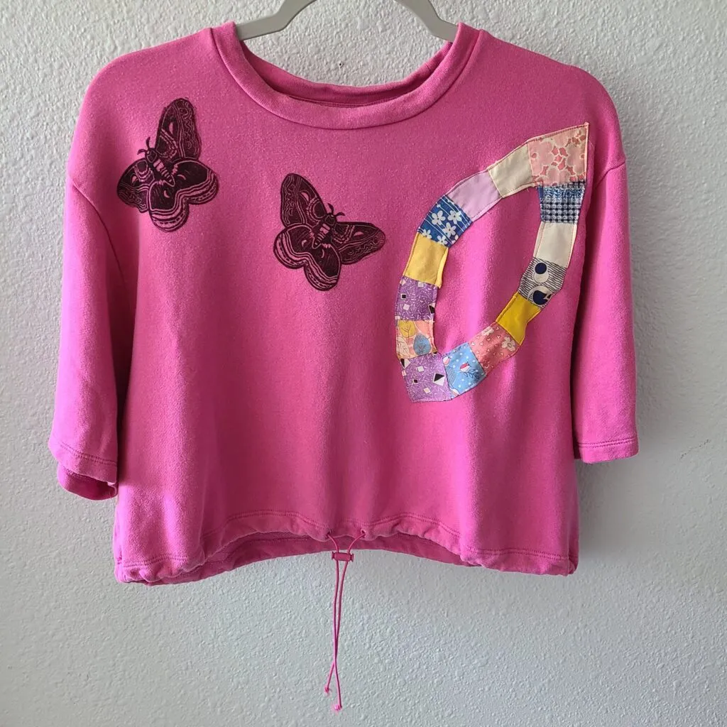 Pink Cropped Short Sleeve Sweatshirt with Vintage Quilt Piece and Moth Print