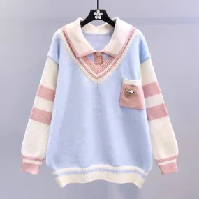 Polo collar fake two-piece sweater for women autumn and winter 2023 new Japanese college style loose design sweater top