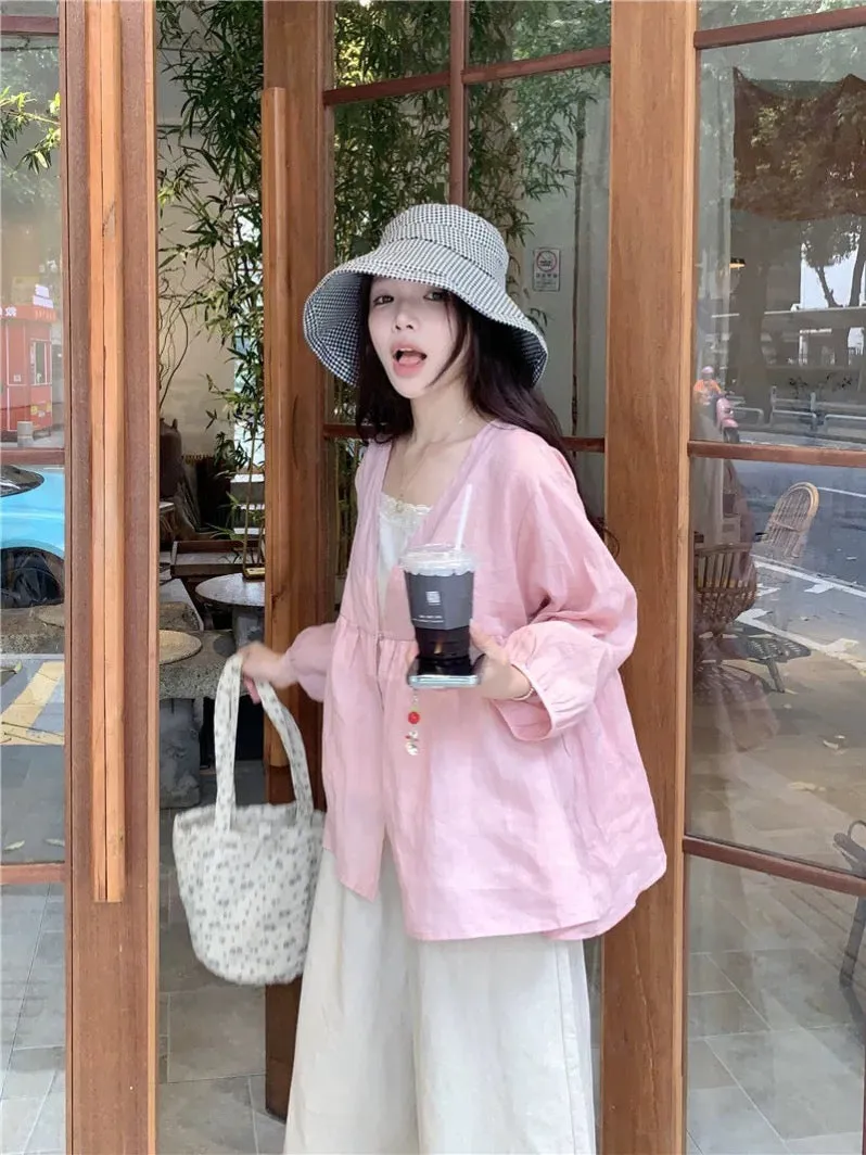 PPHOME South Korea Yigao~Pink loose long-sleeved sun protection cardigan cotton and linen wide-leg pants small man outfit