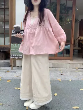 PPHOME South Korea Yigao~Pink loose long-sleeved sun protection cardigan cotton and linen wide-leg pants small man outfit