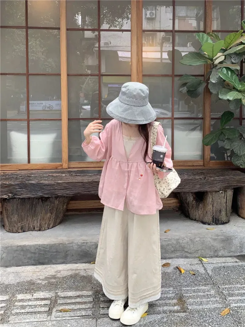 PPHOME South Korea Yigao~Pink loose long-sleeved sun protection cardigan cotton and linen wide-leg pants small man outfit