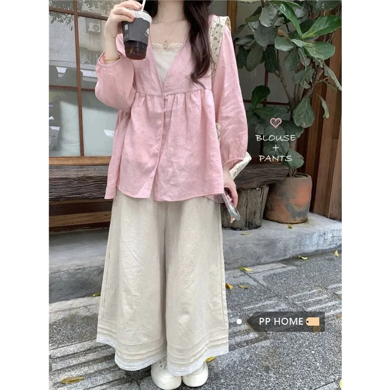 PPHOME South Korea Yigao~Pink loose long-sleeved sun protection cardigan cotton and linen wide-leg pants small man outfit