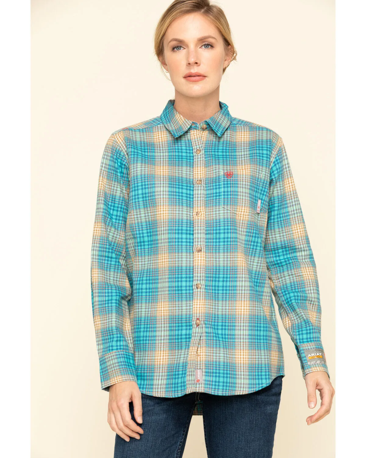 Product Name:  Ariat Women's Boot Barn Exclusive FR Savana Plaid Print Long Sleeve Work Shirt