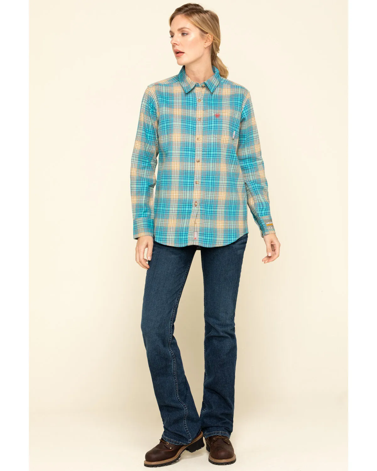 Product Name:  Ariat Women's Boot Barn Exclusive FR Savana Plaid Print Long Sleeve Work Shirt