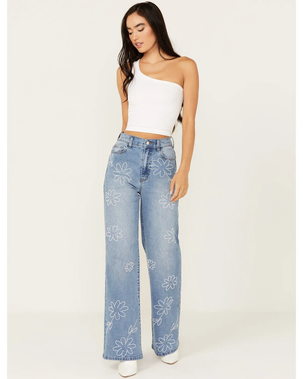 Product Name:  Vibrant Denim Women's Medium Wash High Rise Floral Stretch Wide Leg Jeans