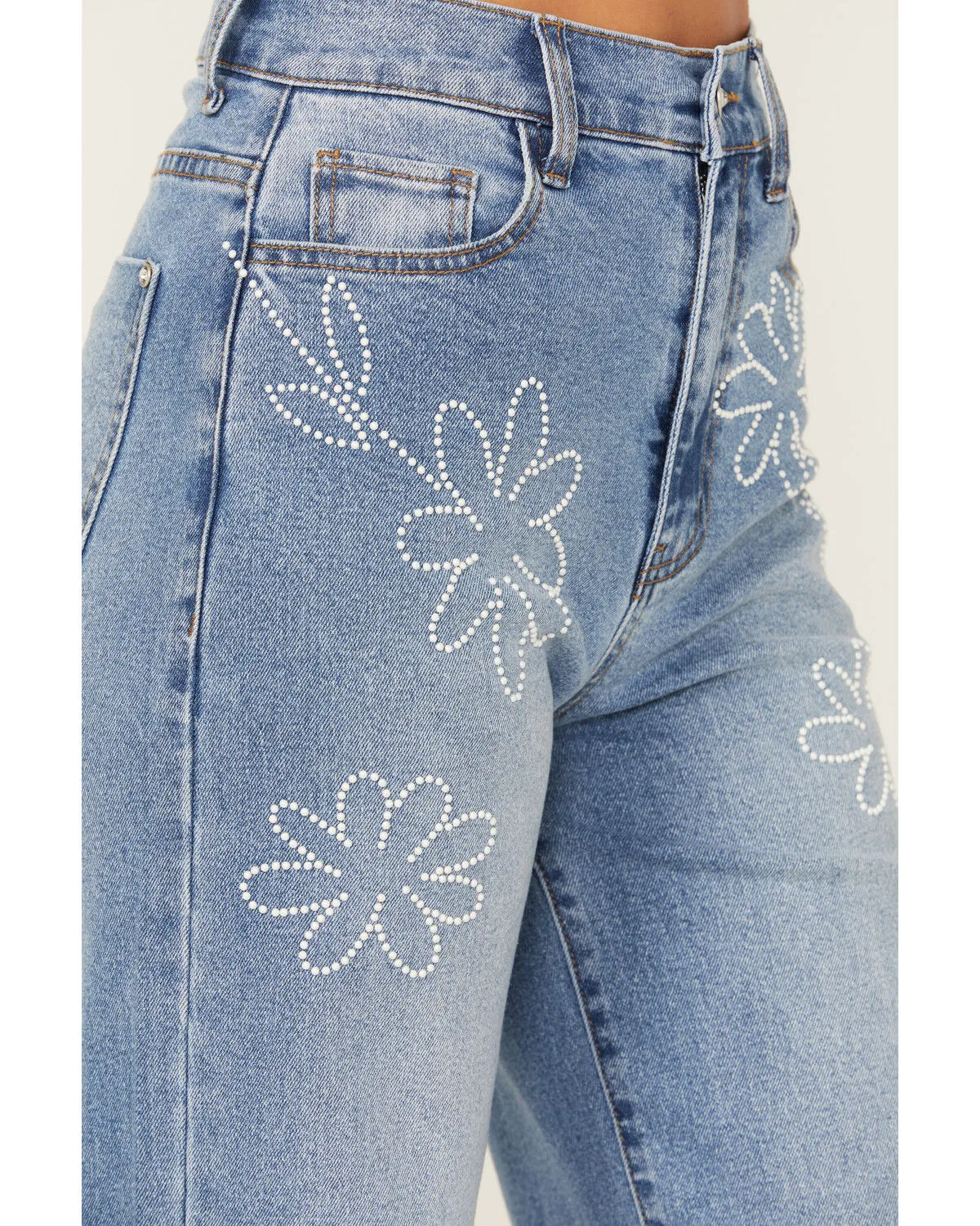 Product Name:  Vibrant Denim Women's Medium Wash High Rise Floral Stretch Wide Leg Jeans