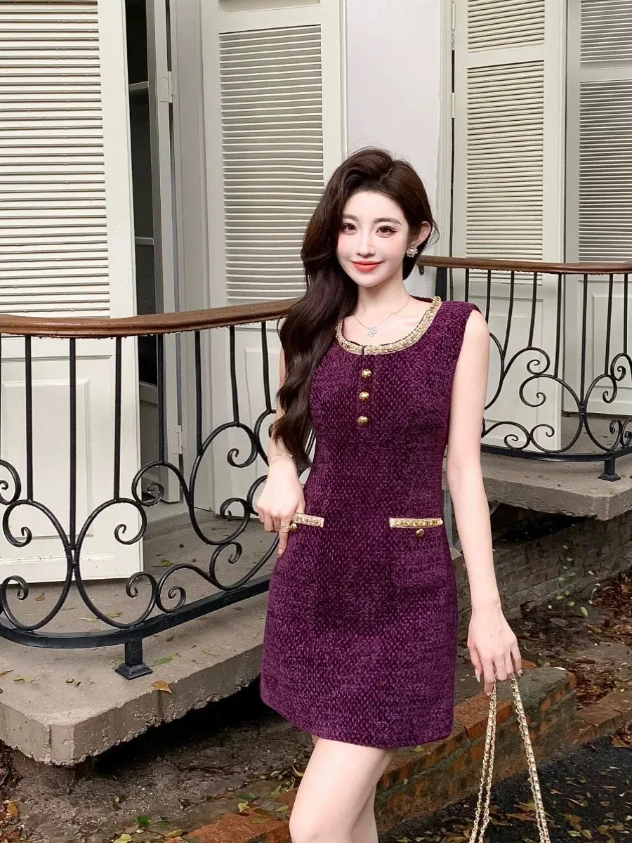 Purple little fragrant autumn and winter vest dress, high-end designer exquisite and noble rich girl's slub nylon dress