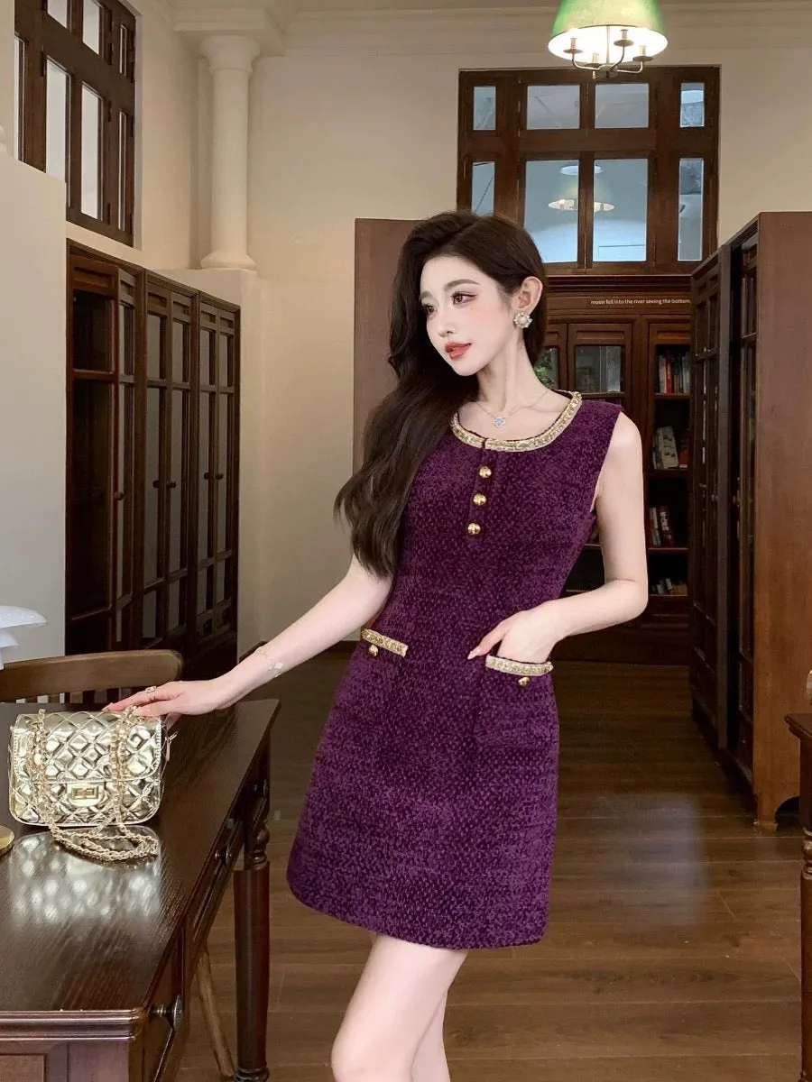 Purple little fragrant autumn and winter vest dress, high-end designer exquisite and noble rich girl's slub nylon dress