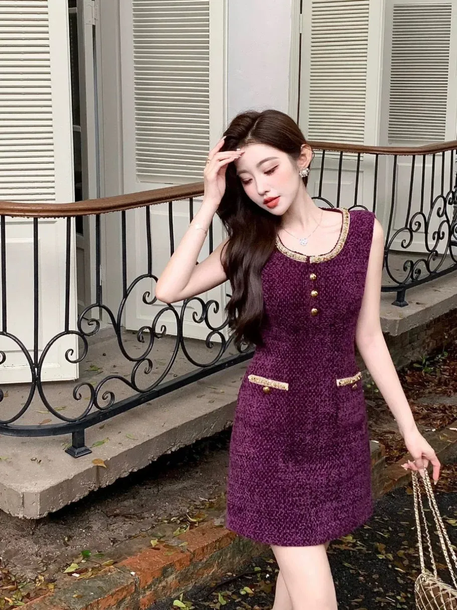 Purple little fragrant autumn and winter vest dress, high-end designer exquisite and noble rich girl's slub nylon dress