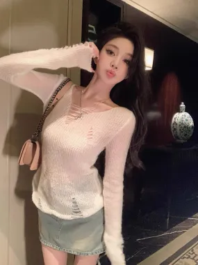 Qiu Rouyao autumn new long-sleeved knitted bottoming shirt hollow slim fit solid color pullover torn sweater for women (B1915)