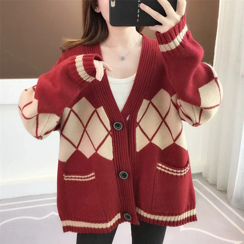 Red Knitted Cardigan Jacket Women's Mid-Length Autumn and Winter 2023 New Thick Loose Lazy Sweater Top