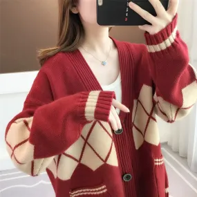 Red Knitted Cardigan Jacket Women's Mid-Length Autumn and Winter 2023 New Thick Loose Lazy Sweater Top