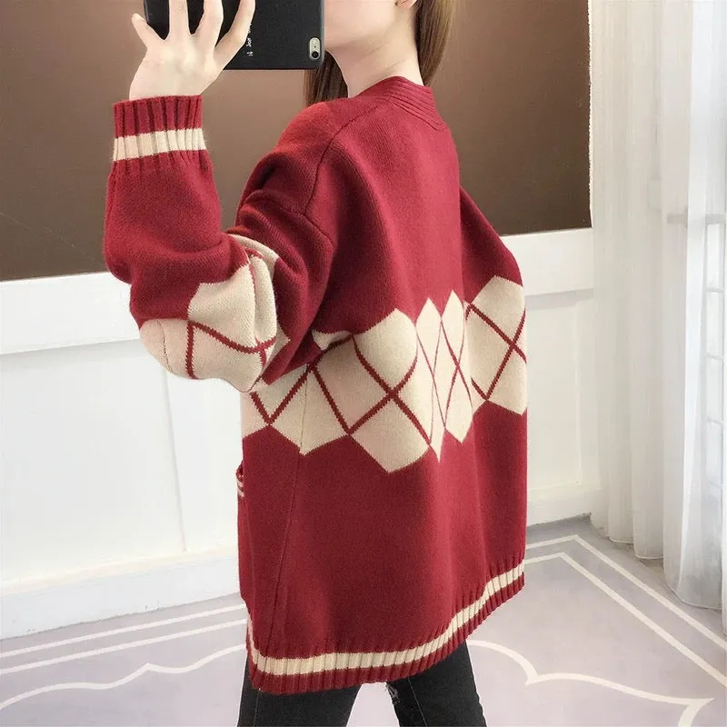 Red Knitted Cardigan Jacket Women's Mid-Length Autumn and Winter 2023 New Thick Loose Lazy Sweater Top