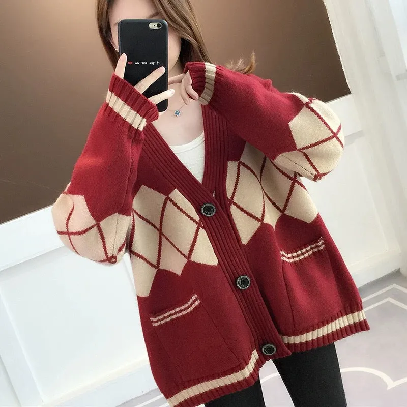 Red Knitted Cardigan Jacket Women's Mid-Length Autumn and Winter 2023 New Thick Loose Lazy Sweater Top