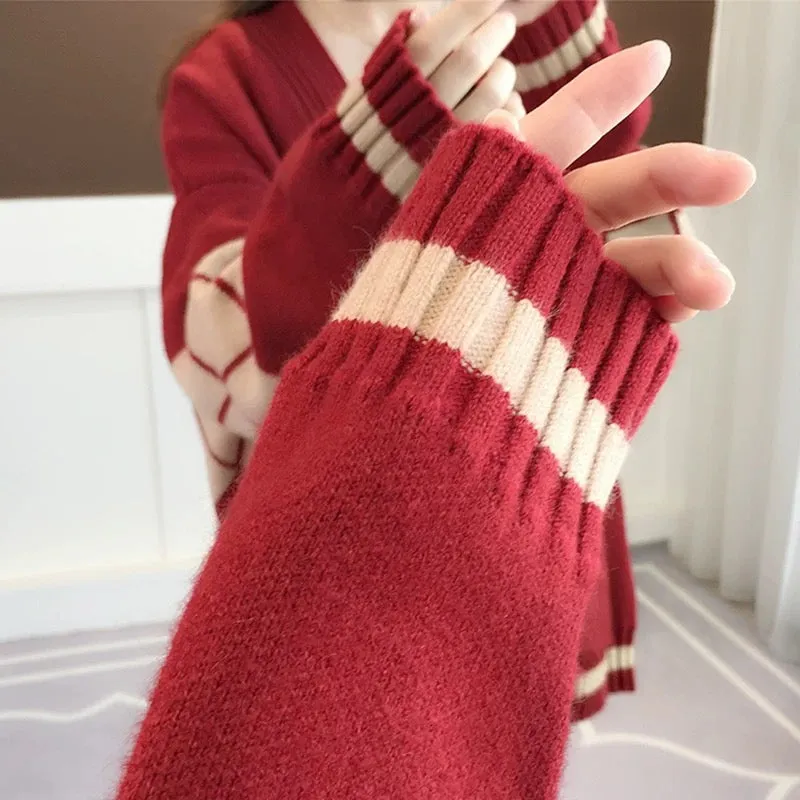 Red Knitted Cardigan Jacket Women's Mid-Length Autumn and Winter 2023 New Thick Loose Lazy Sweater Top