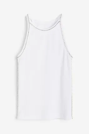 Rhinestone-trimmed vest top - Round neck - Sleeveless - White - Ladies | H&M GB