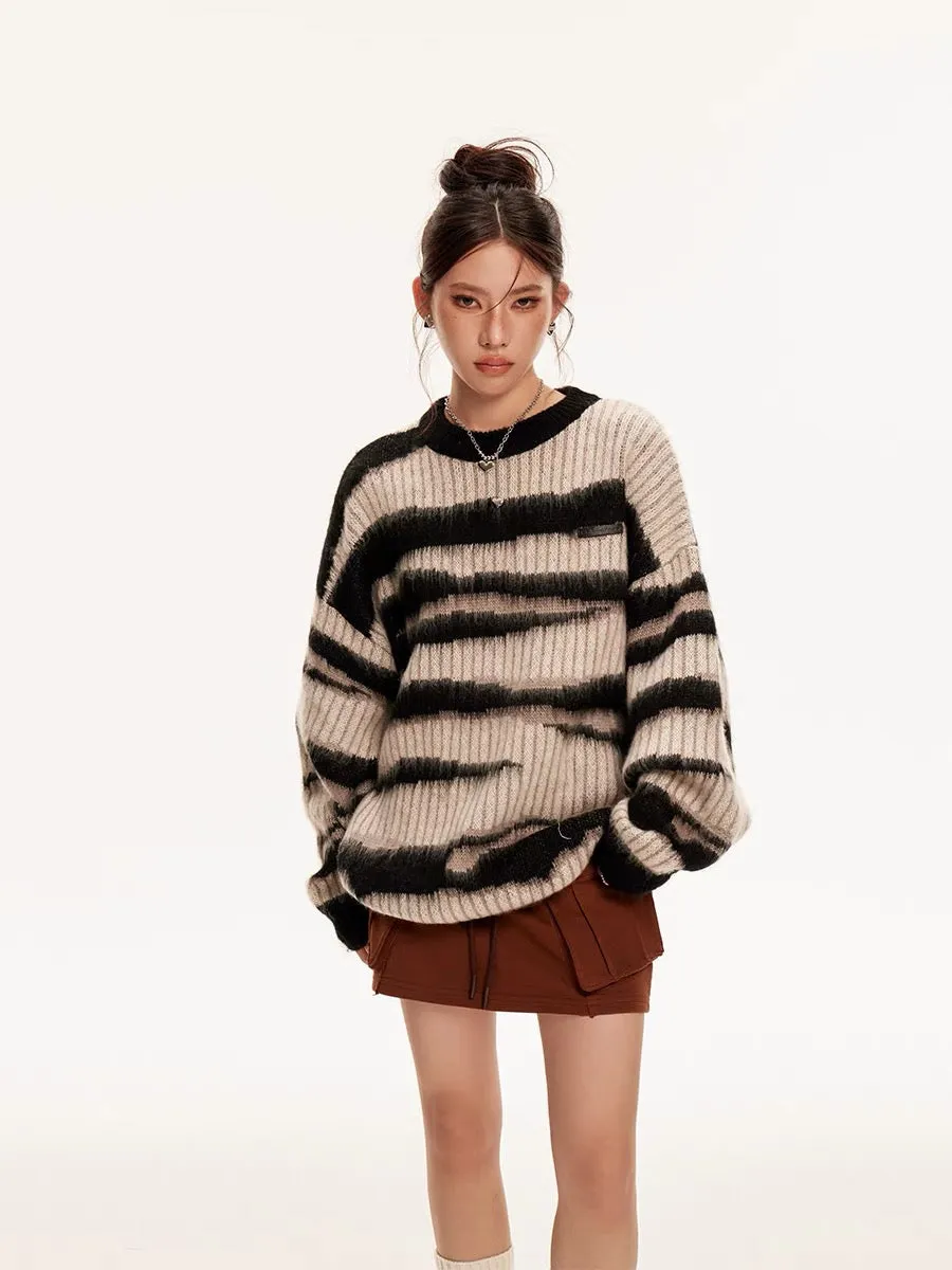 Sanowers American retro striped color-blocked mohair sweater for women in autumn and winter loose lazy style couple's knitted sw