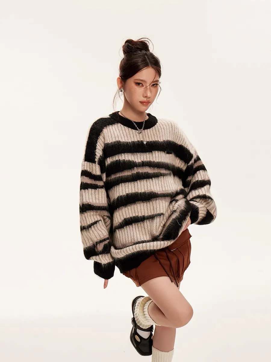 Sanowers American retro striped color-blocked mohair sweater for women in autumn and winter loose lazy style couple's knitted sw