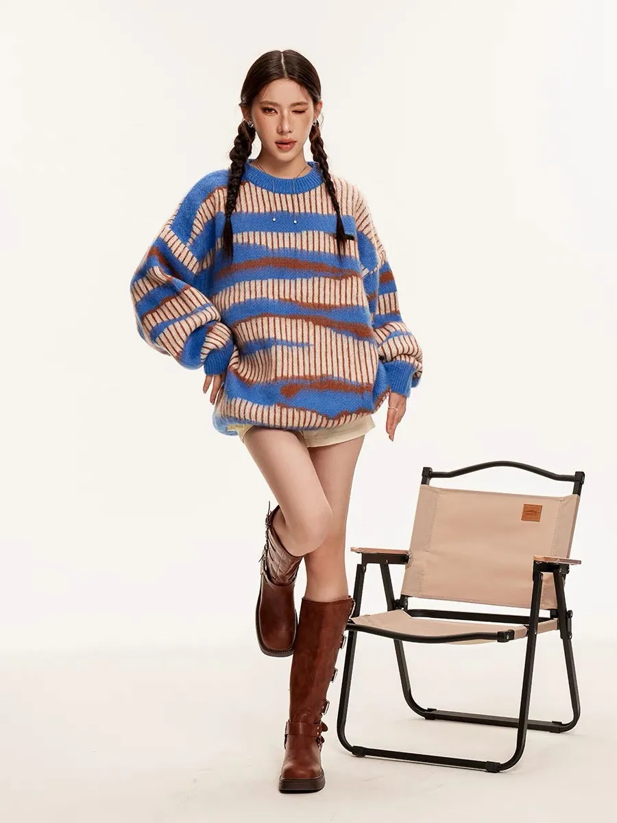 Sanowers American retro striped color-blocked mohair sweater for women in autumn and winter loose lazy style couple's knitted sw