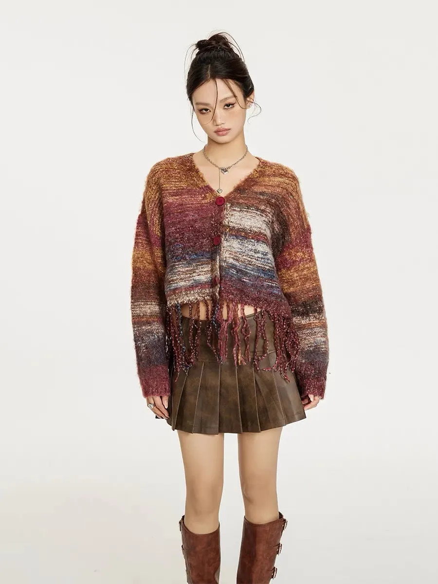 Sanowers American retro tie-dye heavy-duty tassel sweater autumn loose lazy style short sweater jacket for women (S0556)