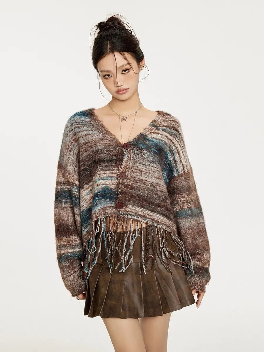 Sanowers American retro tie-dye heavy-duty tassel sweater autumn loose lazy style short sweater jacket for women (S0556)