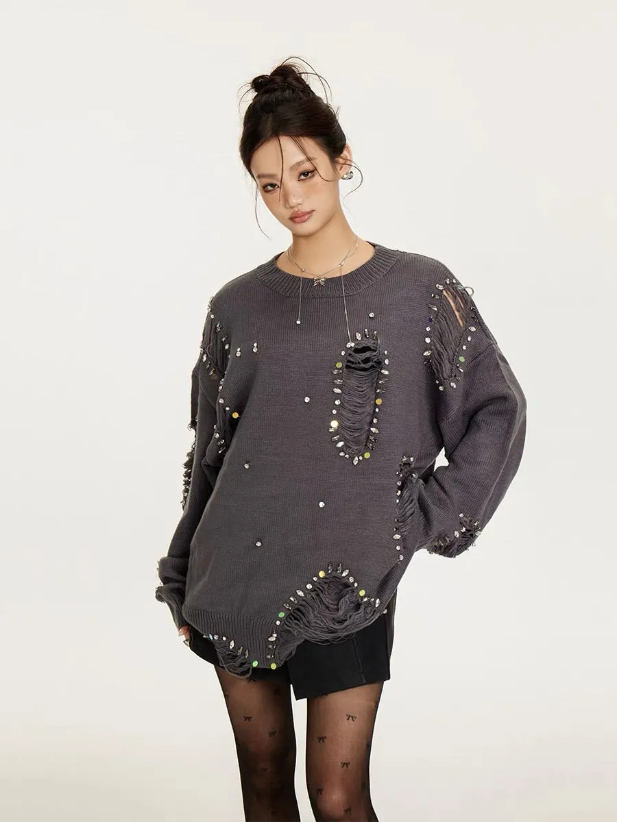 Sanowers niche design hole-studded wasteland style sweater for women autumn loose lazy style sweater top