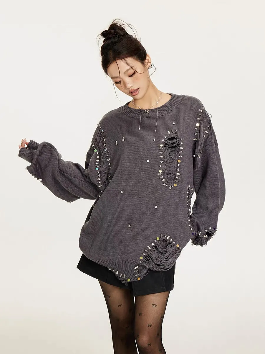 Sanowers niche design hole-studded wasteland style sweater for women autumn loose lazy style sweater top