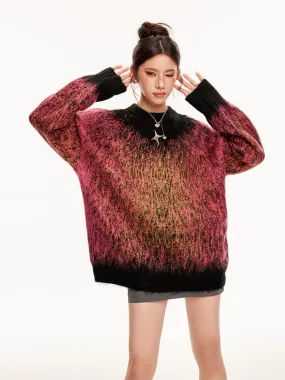 Sanowers retro gradient contrasting mohair loose lazy style sweater women's design couple knitted top (S0669)