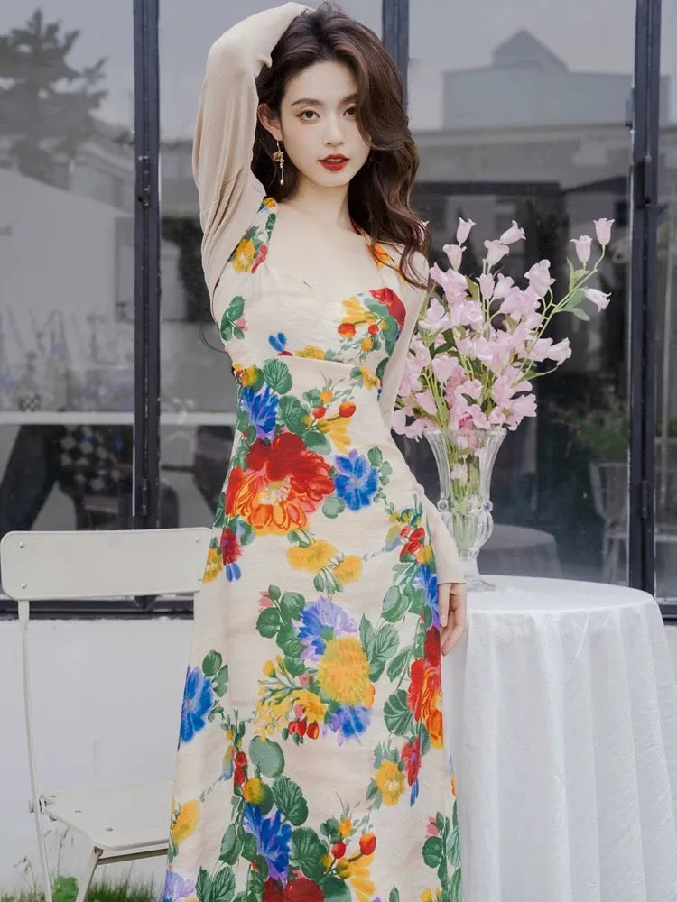 Sanya seaside travel and vacation wear cardigan with oil painting halter neck suspender dress high-end suit for small people